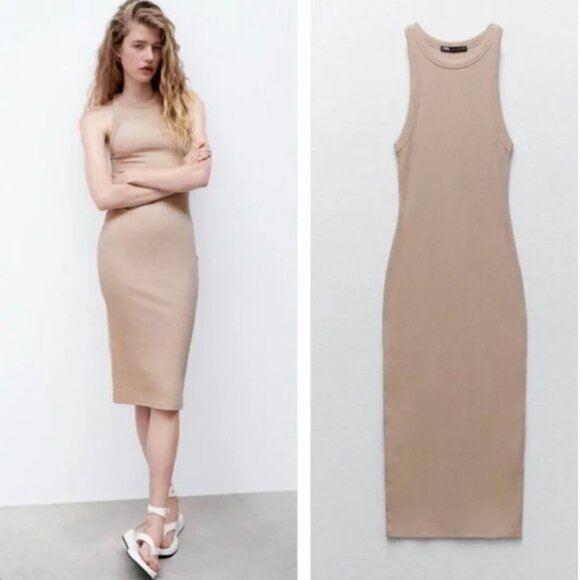 Zara Basic Tan Ribbed Midi Dress - Picture 1 of 5